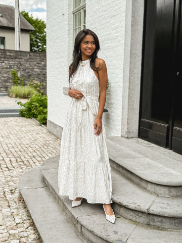 Robe longue à motifs Eléonora - Ecru/Doré