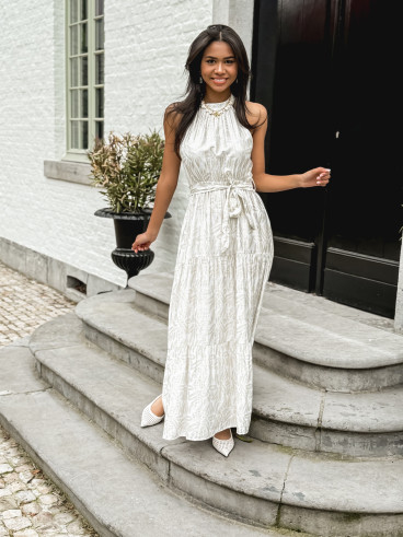 Robe longue à motifs Eléonora - Ecru/Doré