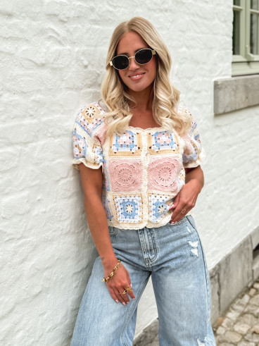 blouse  en crochet Laisa - Crème/Rose