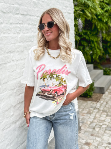 T-shirt " Paradise " - Blanc/Rose