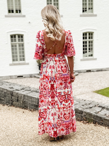 Robe longue à motifs Beyza - Ecru/Fuchsia