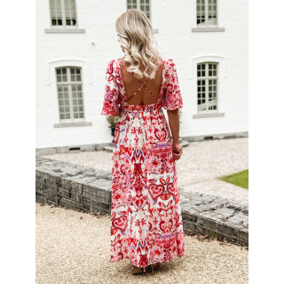 Robe longue à motifs Beyza - Ecru/Fuchsia