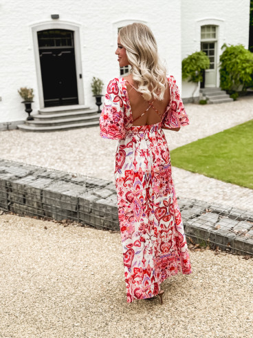 Robe longue à motifs Beyza - Ecru/Fuchsia