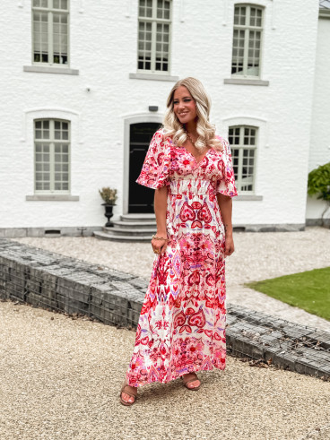 Robe longue à motifs Beyza - Ecru/Fuchsia