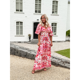 Robe longue à motifs Beyza - Ecru/Fuchsia