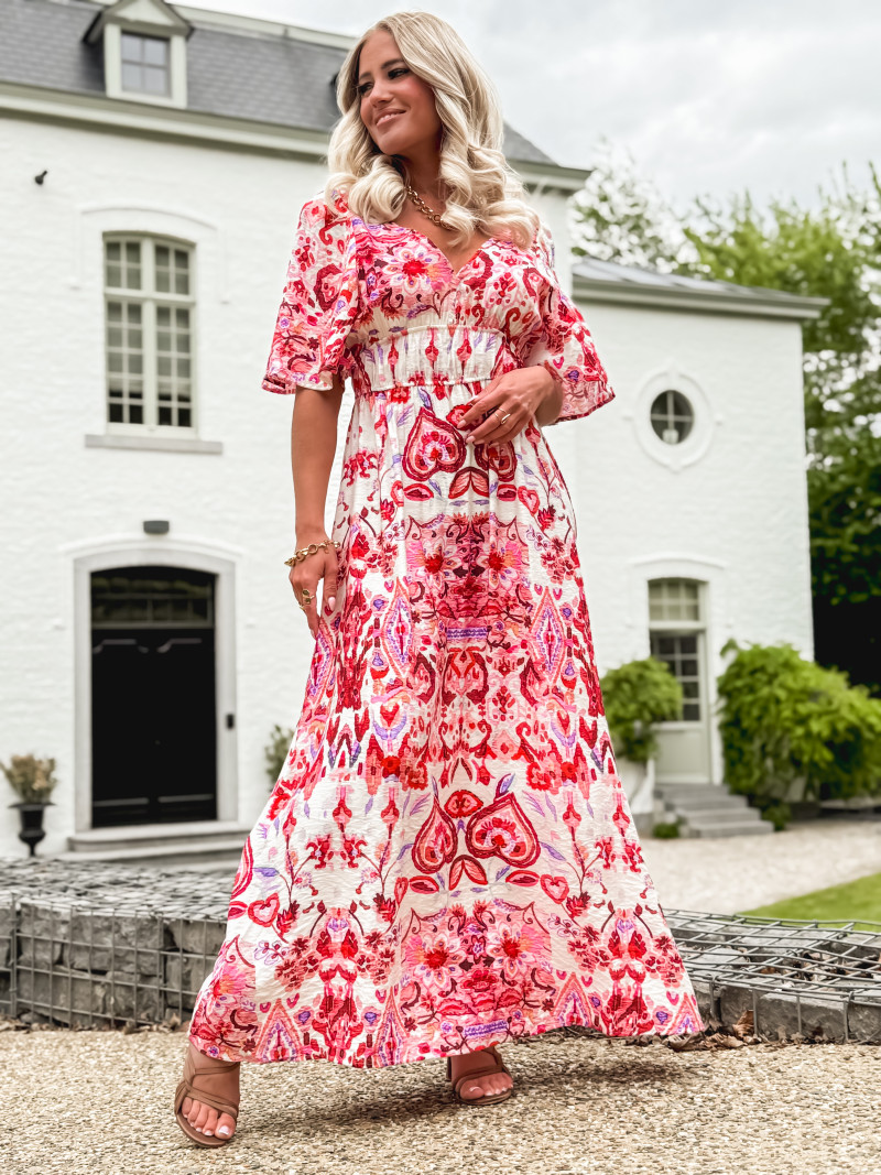 Robe longue à motifs Beyza - Ecru/Fuchsia