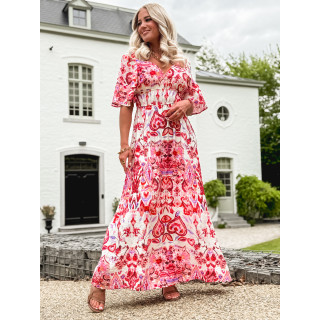 Robe longue à motifs Beyza - Ecru/Fuchsia