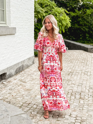 Robe longue à motifs Beyza - Ecru/Fuchsia