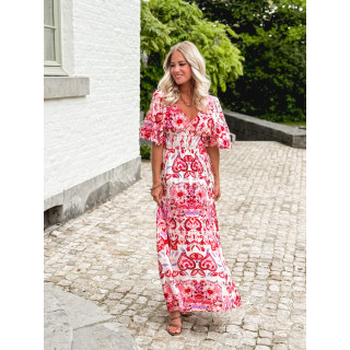 Robe longue à motifs Beyza - Ecru/Fuchsia