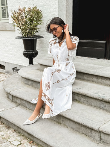 Robe longue à motifs Kavala - Blanc/Camel