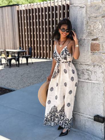 Robe longue à motifs Espoir - Beige/Gris