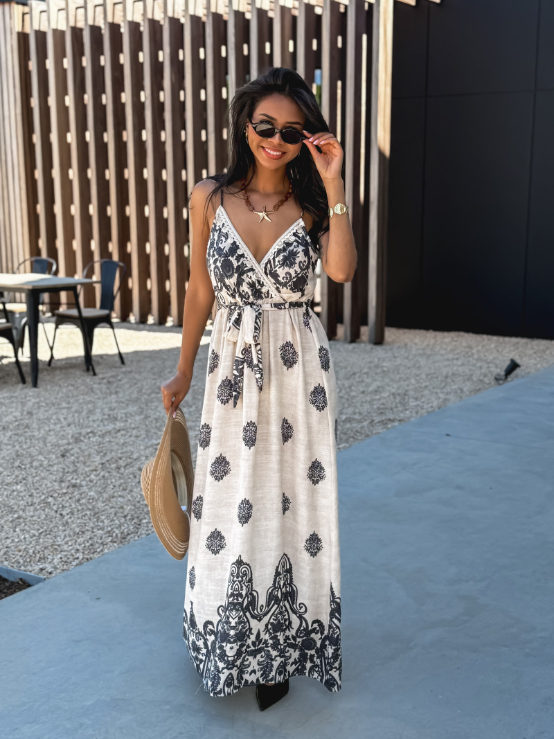 Robe longue à motifs Espoir - Beige/Gris