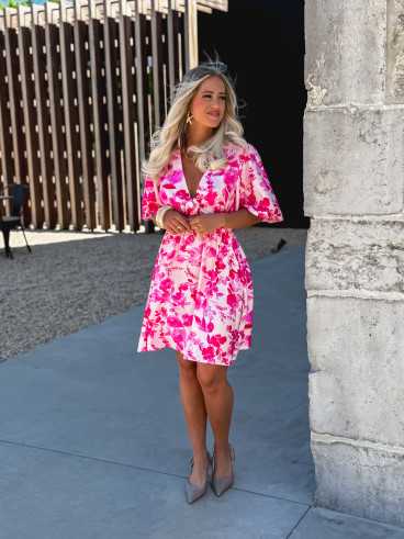 Robe courte à fleurs Audélia - Fuchsia