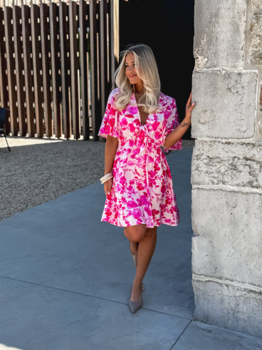 Robe courte à fleurs Audélia - Fuchsia