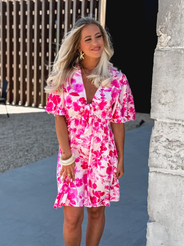 Robe courte à fleurs Audélia - Fuchsia