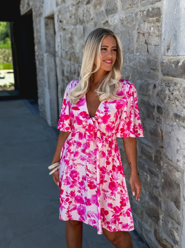 Robe courte à fleurs Audélia - Fuchsia