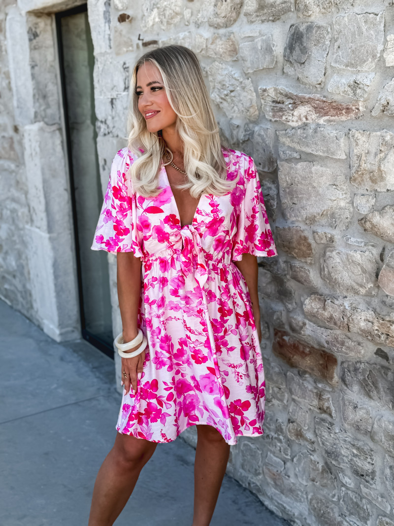 Robe courte à fleurs Audélia - Fuchsia