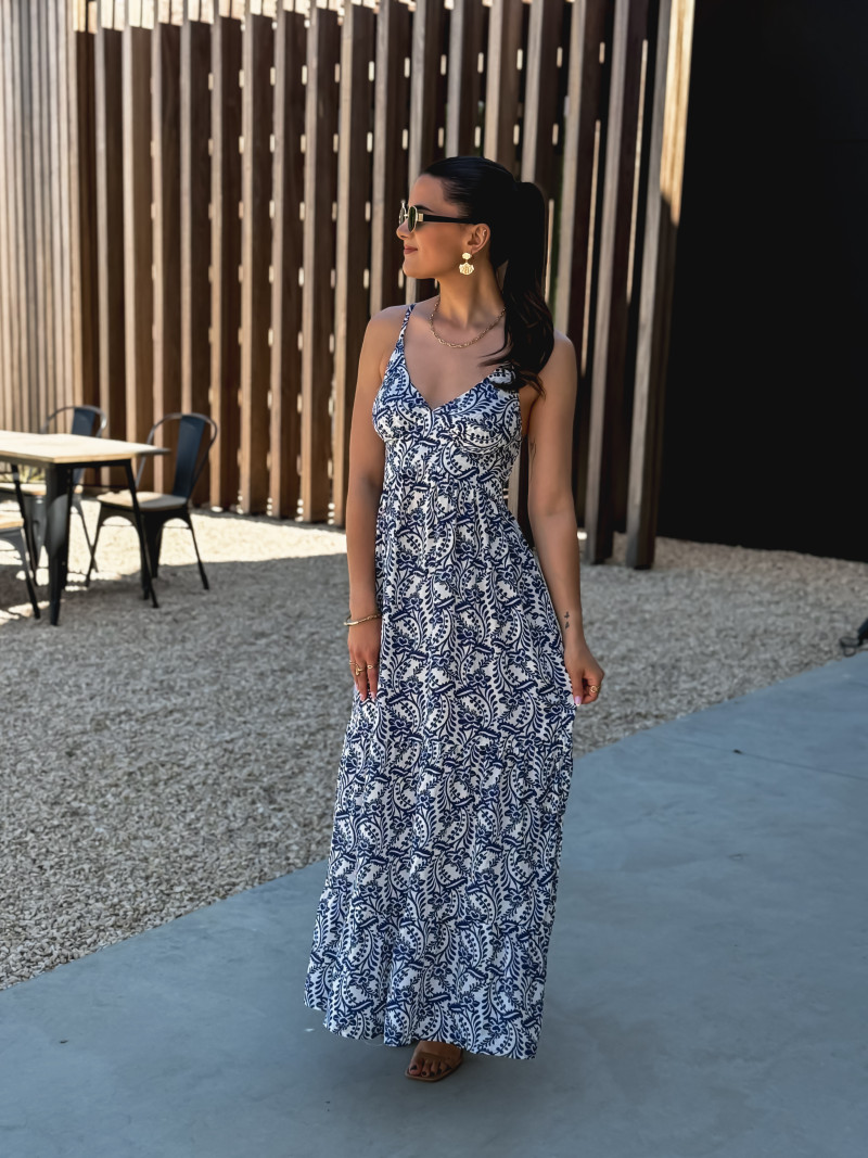 Robe longue à motifs Heliane - Blanc/Bleu