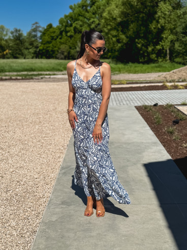 Robe longue à motifs Heliane - Blanc/Bleu