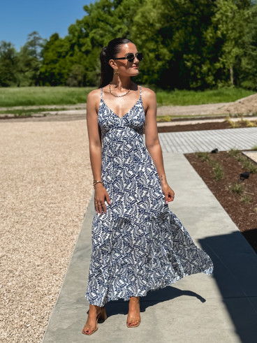 Robe longue à motifs Heliane - Blanc/Bleu