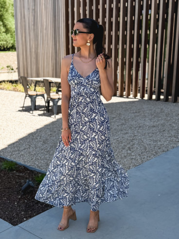 Robe longue à motifs Heliane - Blanc/Bleu