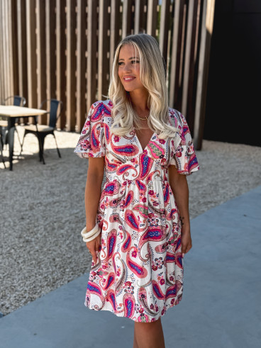Robe courte à motifs Hope - Ecru/Rose