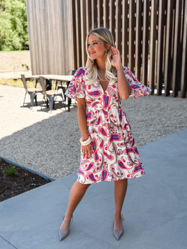 Robe courte à motifs Hope - Ecru/Rose
