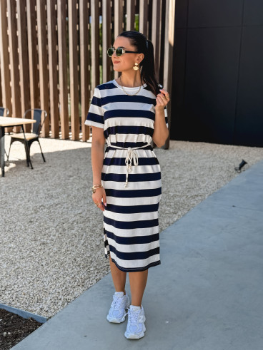 Robe longue lignée Cornélia - Blanc/Bleu marine