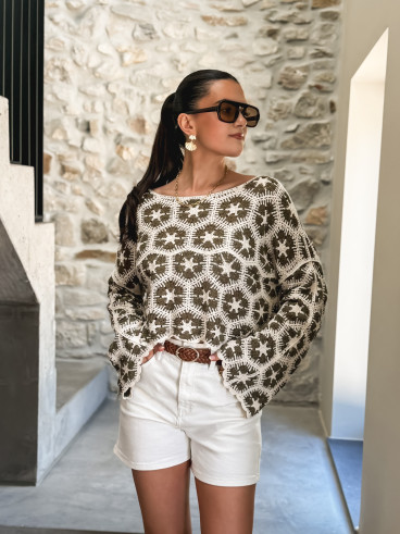 Blouse en crochet Chléolia - Ecru/Kaki