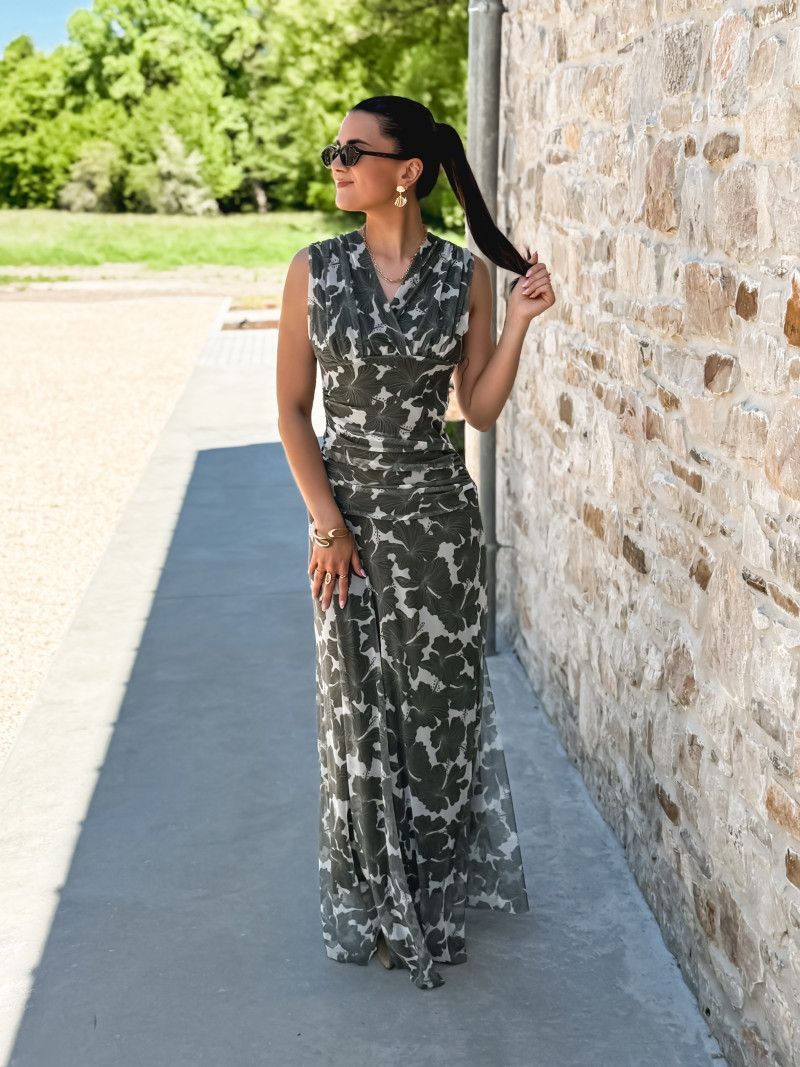 Robe longue à motifs Marley - Kaki/Blanc