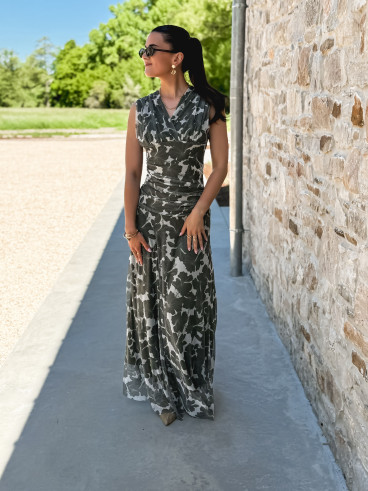 Robe longue à motifs Marley - Kaki/Blanc