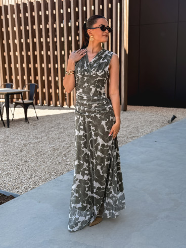 Robe longue à motifs Marley - Kaki/Blanc
