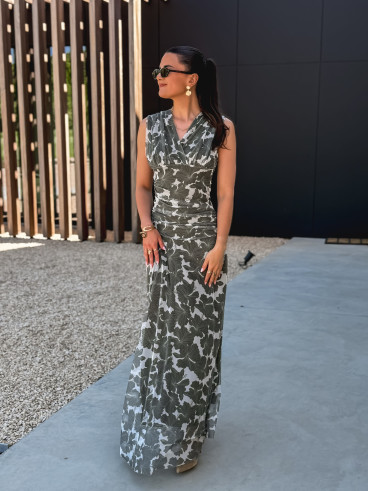 Robe longue à motifs Marley - Kaki/Blanc