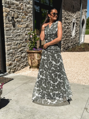 Robe longue à motifs Marley - Kaki/Blanc