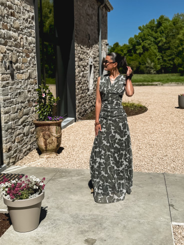 Robe longue à motifs Marley - Kaki/Blanc