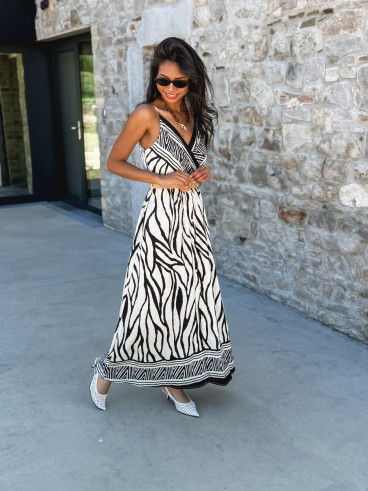 Robe longue à motifs Hateya - Ecru/Noir