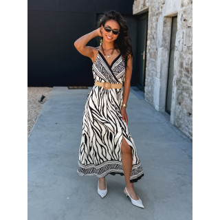 Robe longue à motifs Hateya - Ecru/Noir