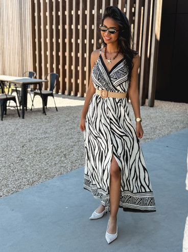 Robe longue à motifs Hateya - Ecru/Noir