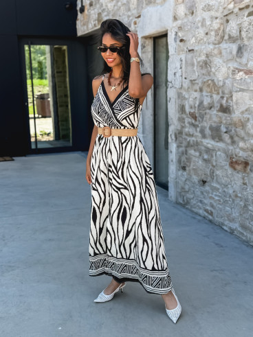 Robe longue à motifs Hateya - Ecru/Noir