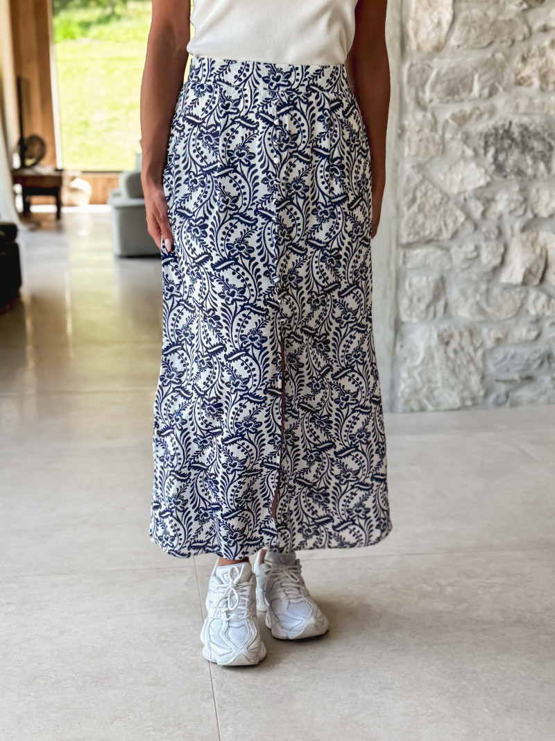 Jupe longue à motifs Heliane - Blanc/Bleu