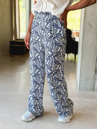 Pantalon à motifs Heliane - Blanc/Bleu