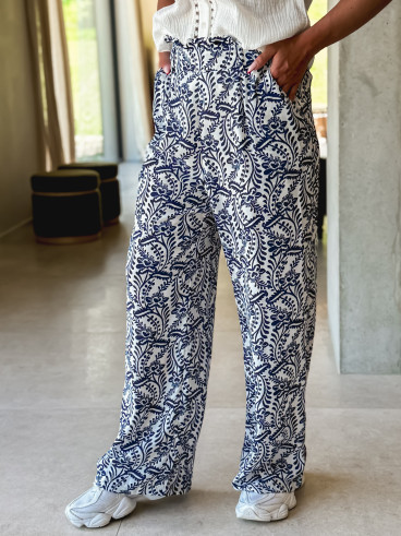 Pantalon à motifs Heliane - Blanc/Bleu