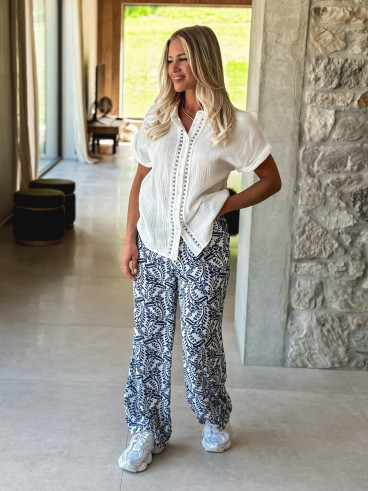 Pantalon à motifs Heliane - Blanc/Bleu