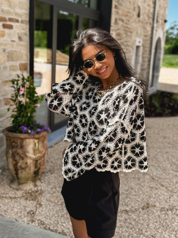 Blouse en crochet Chléolia - Ecru/Noir