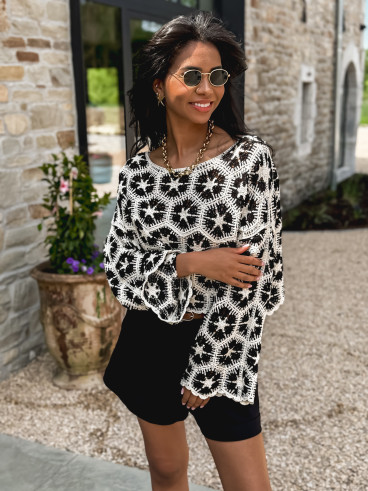 Blouse en crochet Chléolia - Ecru/Noir