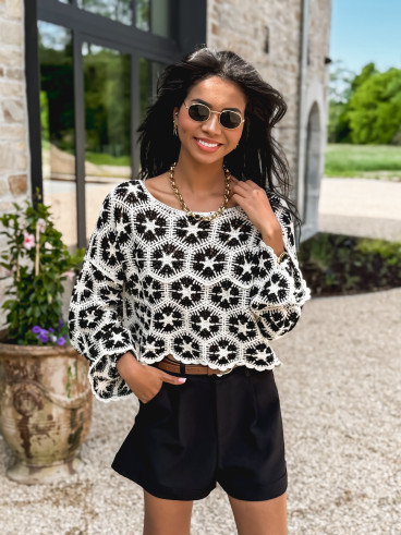 Blouse en crochet Chléolia - Ecru/Noir