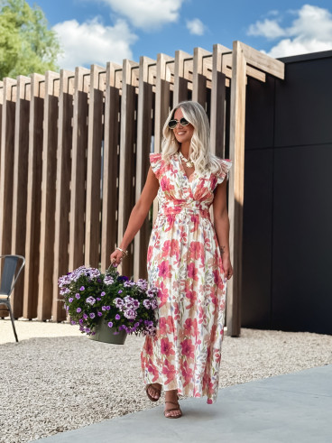 Robe longue Coline - Ecru/Rose