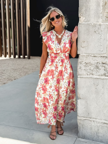 Robe longue Coline - Ecru/Rose