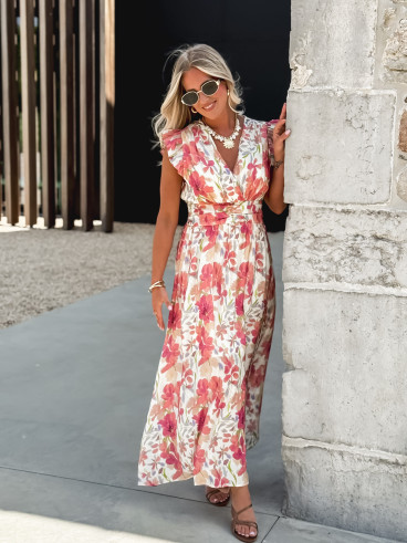 Robe longue Coline - Ecru/Rose