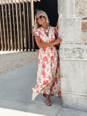 Robe longue Coline - Ecru/Rose